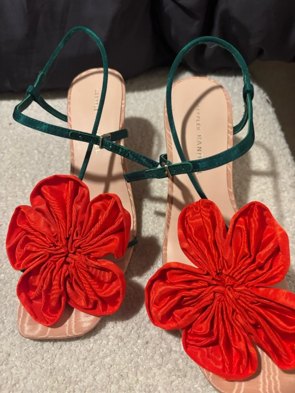 Loeffler Randall Red Floral Front-Strap Sandals with Green Ankle Straps - Picture 3 of 7
